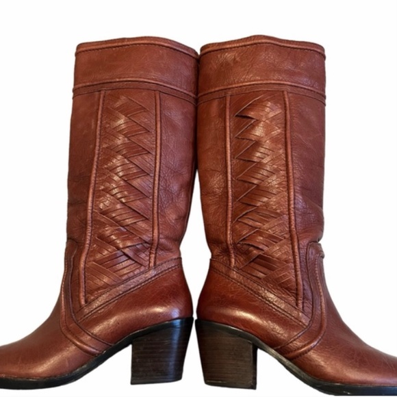 FOSSIL Felicia woven leather riding heeled knee high boots Cognac Brown Size 8 - Picture 6 of 12